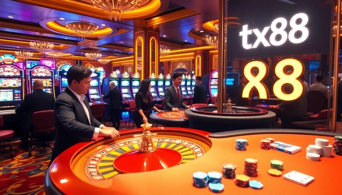 Players enjoy the excitement of gambling at the tx88 casino with vibrant tables and a lively atmosphere.
