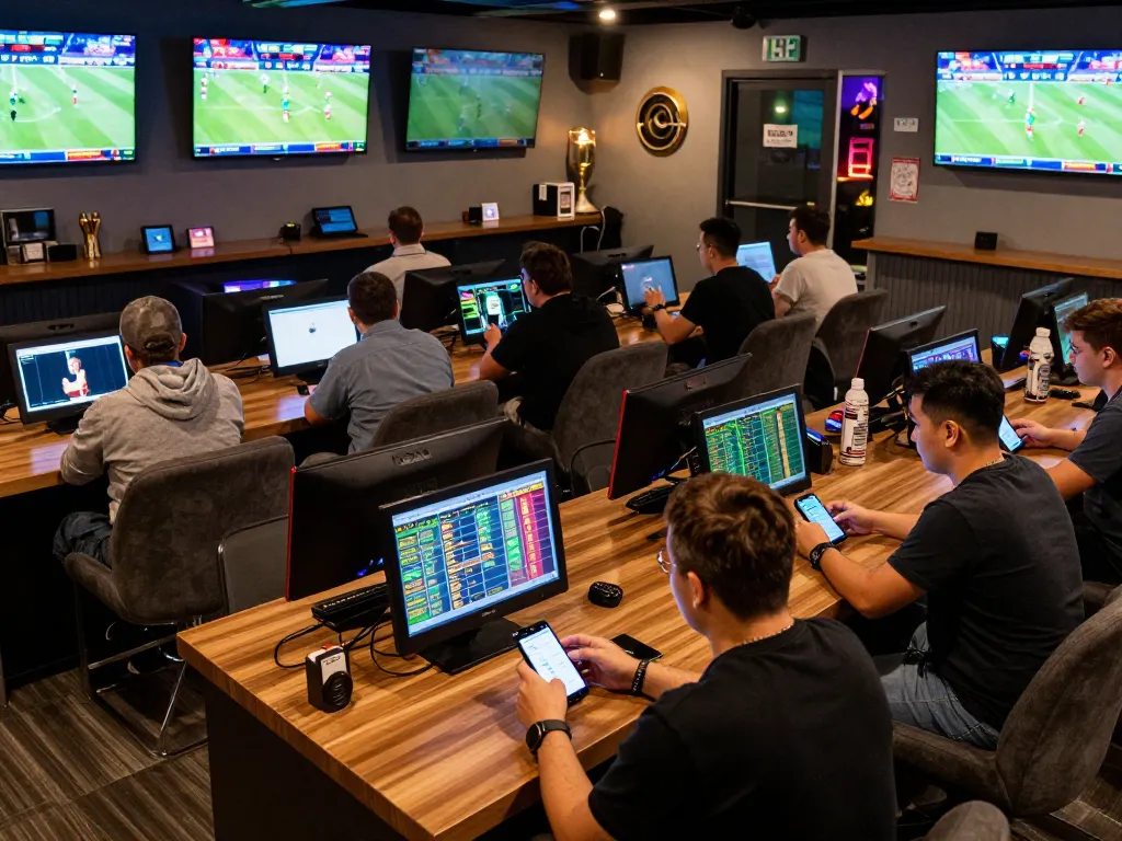 Sports betting lounge with patrons placing bets and reviewing kèo nhà cái odds on mobile devices