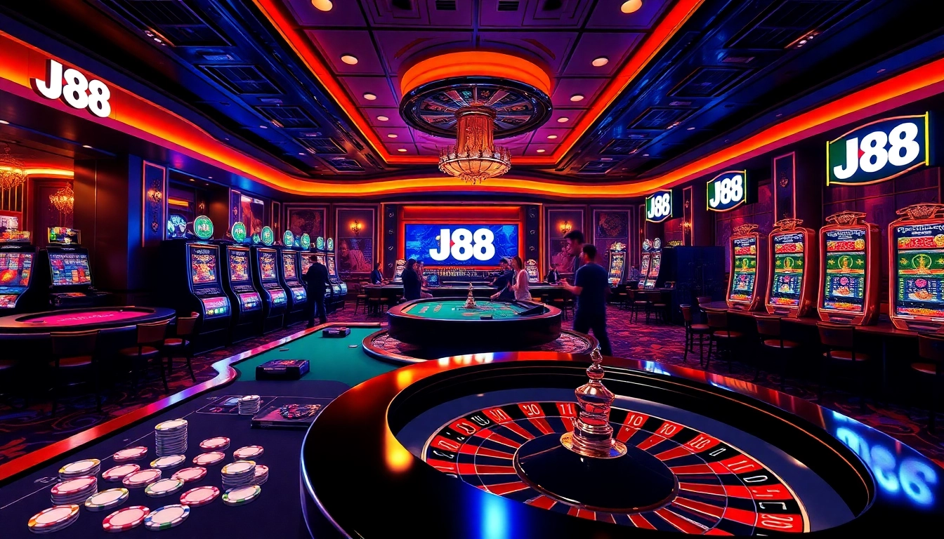 Exciting casino scene with J88 branding featuring players at a roulette table.