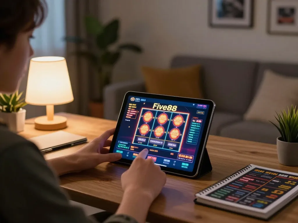 Engaged player using Five88 on tablet with cozy living room setting, showcasing responsible gaming.