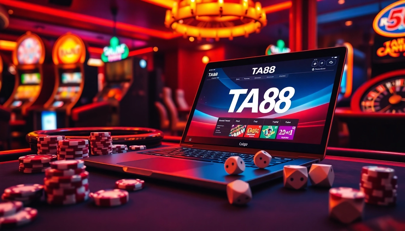 Experience TA88 gambling excitement with vibrant casino elements, cards, and poker chips.