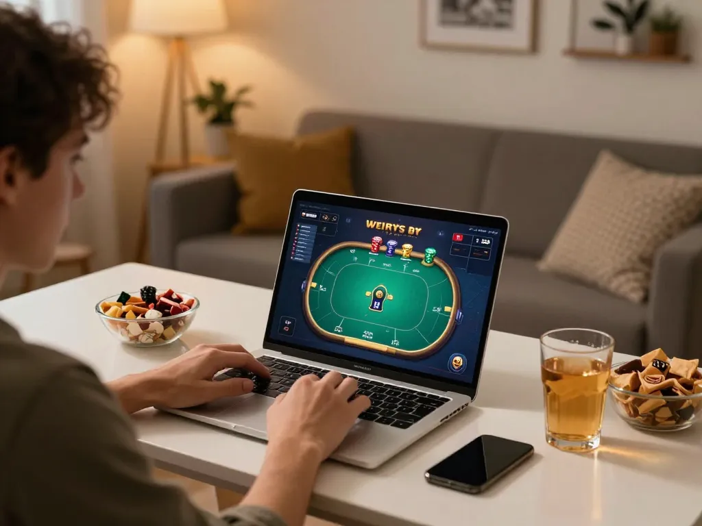 Engaging online poker gameplay on laptop at home inspired by 8xx.space, showcasing snacks and cozy atmosphere.