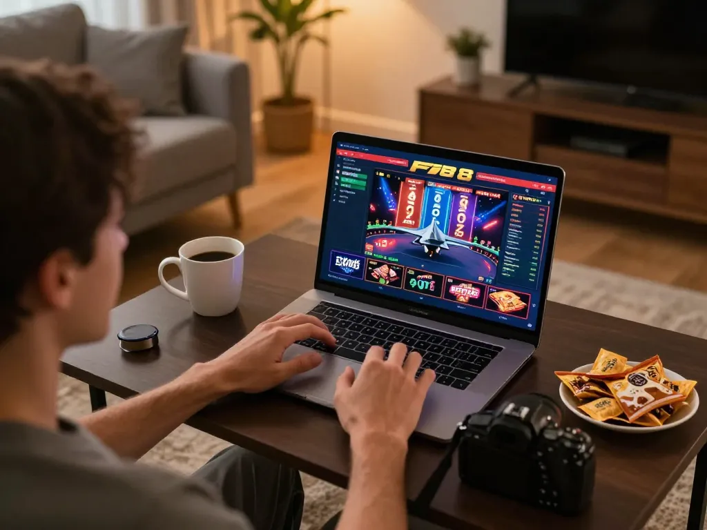 Player engaged with F168's online casino games on a laptop in a cozy home setup.