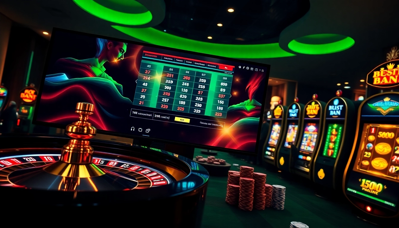 Experience the thrill of betting at sky88 with a vibrant online casino scene showcasing roulette and poker chips.