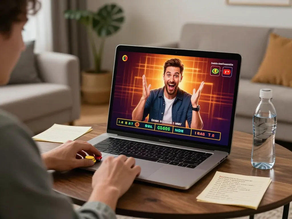 Player engaging with live dealer on 78win.com in a cozy home setting, showcasing responsible gambling.
