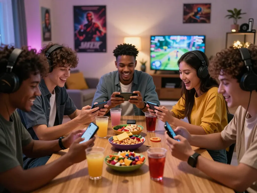 Tải sun win application installation on smartphones in a lively gaming night setting.