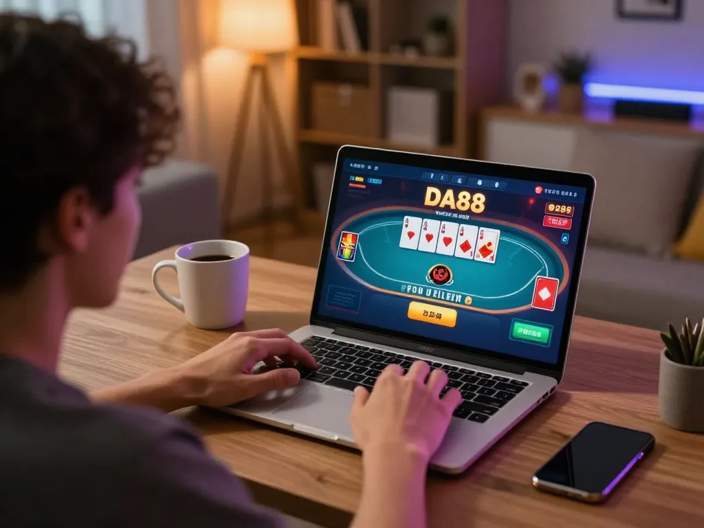 Engaging moment playing DA88 poker online in a cozy home office setting, showcasing gameplay strategy