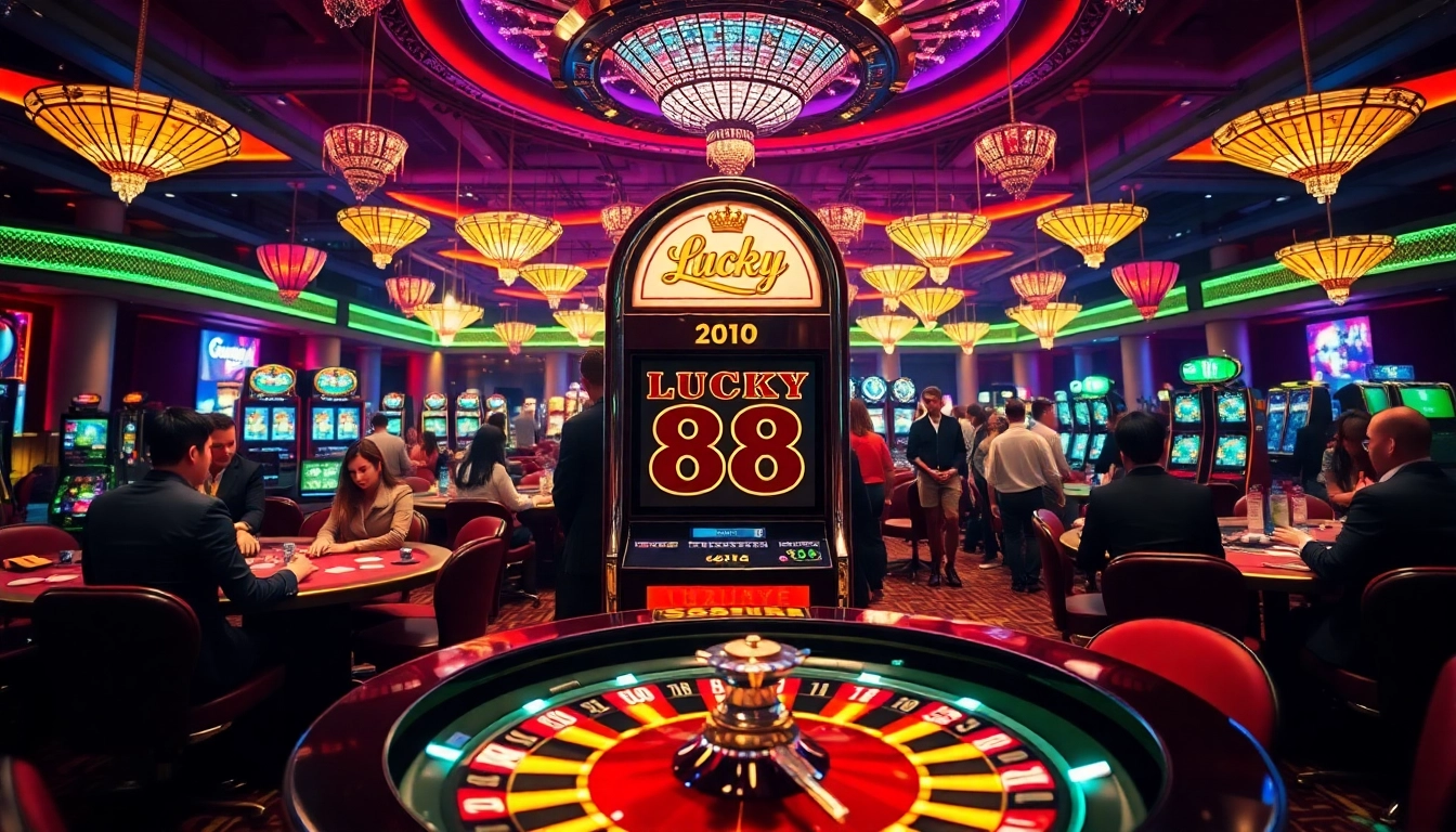 Players enjoying the thrilling Lucky 88 slot machine in a vibrant casino atmosphere.