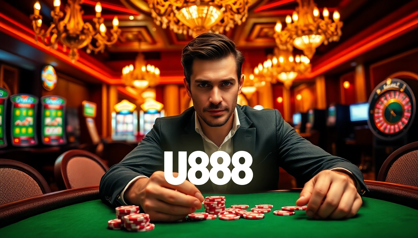 Engaging U888 gaming scene with poker chips and cards at a lavish casino.