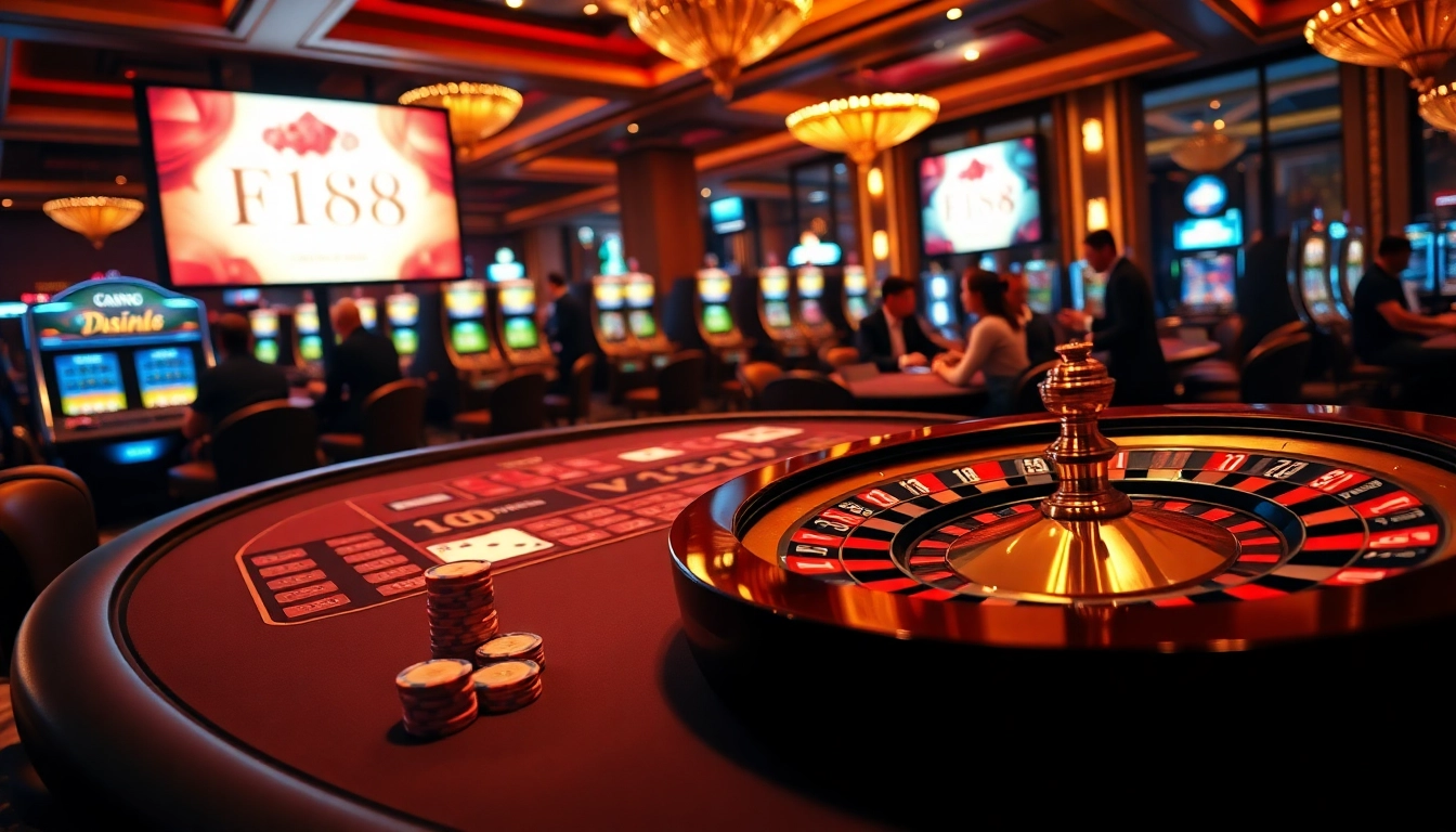 Experience the excitement of f168 with a dynamic casino scene featuring poker and roulette tables.