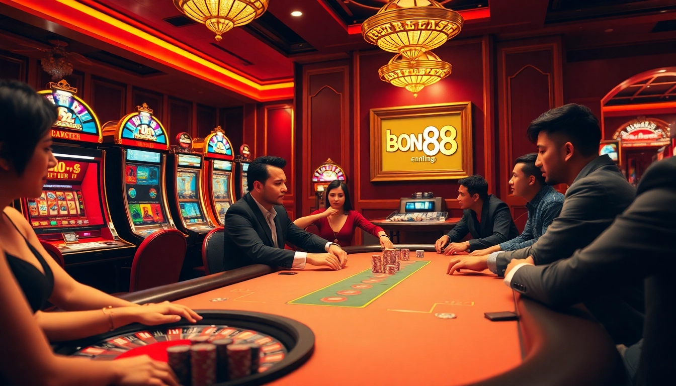 Exciting poker game at bong88 casino showcasing vibrant atmosphere and high-stakes action.