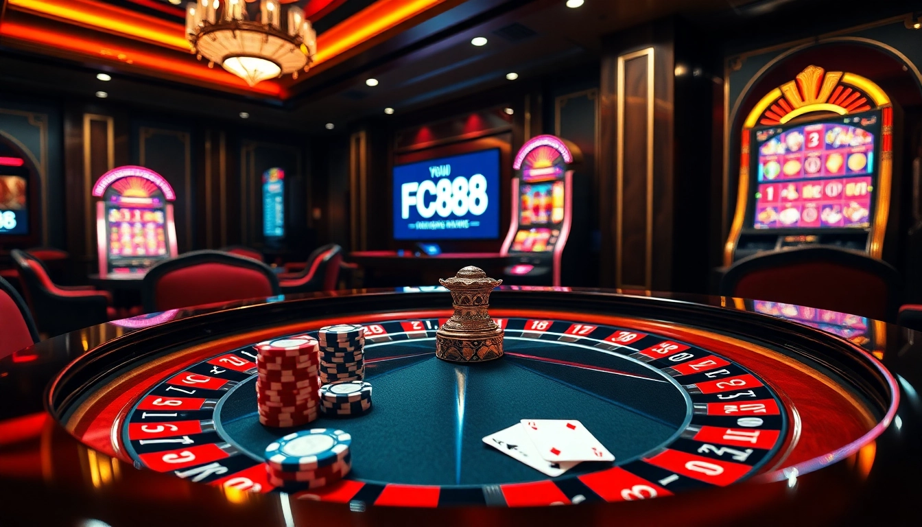 Exciting casino scene showcasing FC88 with a roulette table, poker chips, and colorful slot machine lights.
