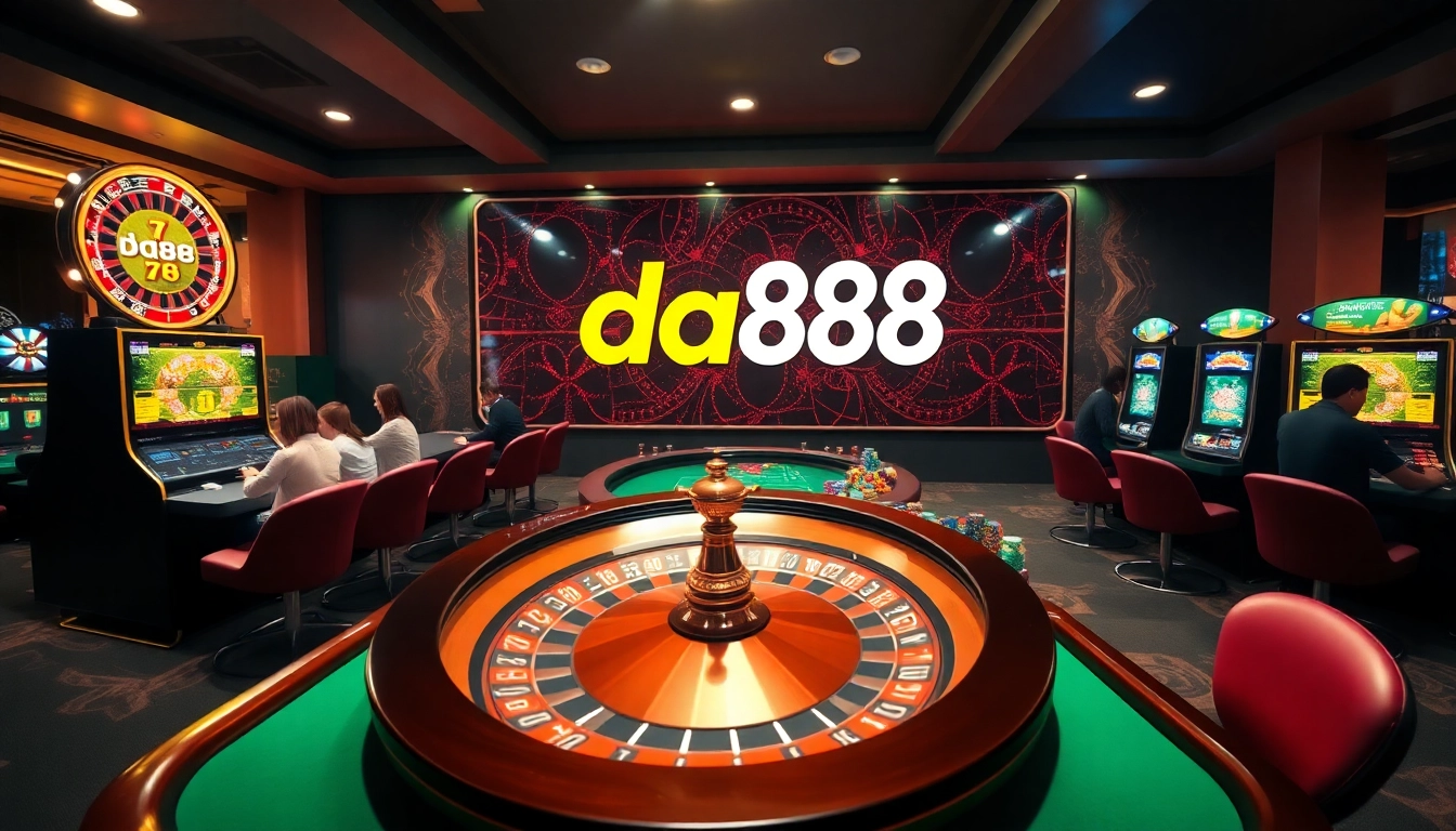 Engage in high-stakes excitement at da88 with a vibrant casino scene featuring poker chips and roulette.