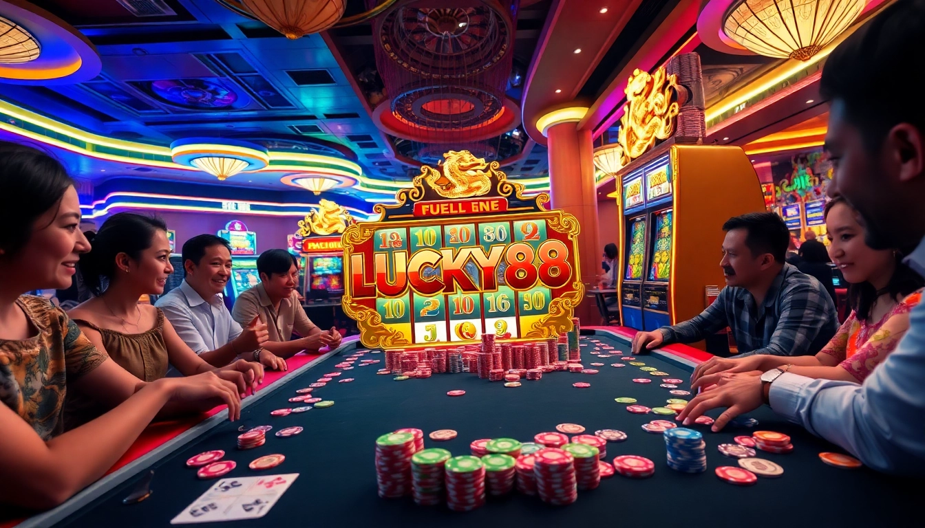 Engaging scene of players at the LUCKY88 slot machine in a dynamic casino atmosphere with vibrant colors.