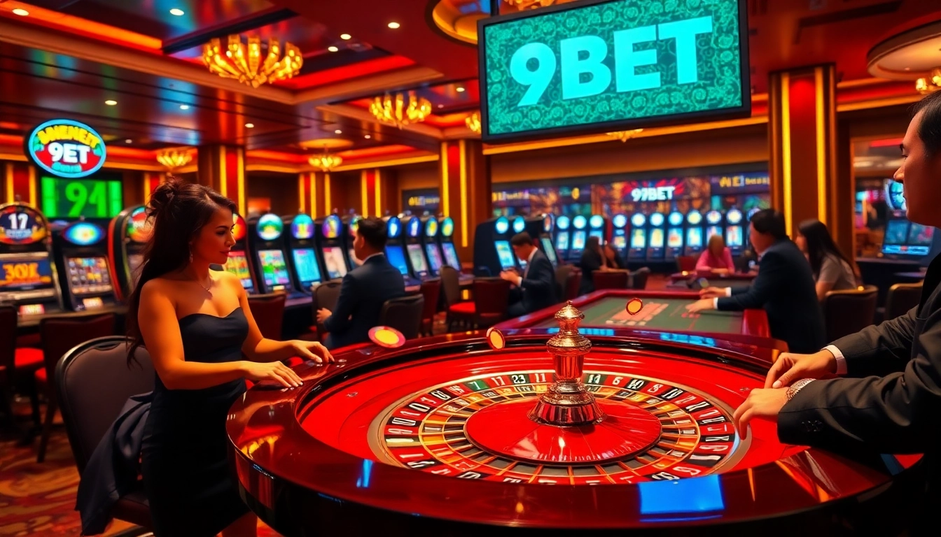 Exciting casino atmosphere featuring 9BET, vibrant roulette and engaged gamblers.