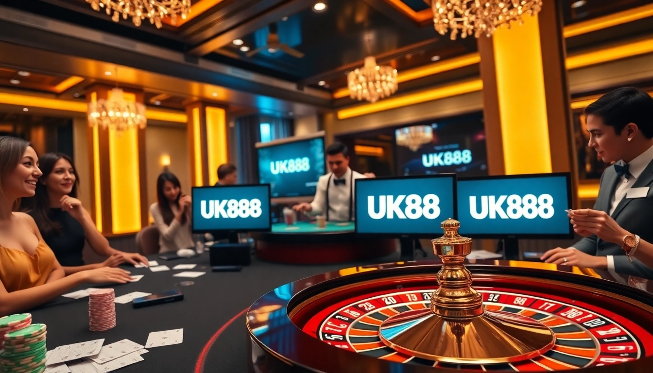 Engaging scene of UK88 online casino with vibrant roulette and enthusiastic players.