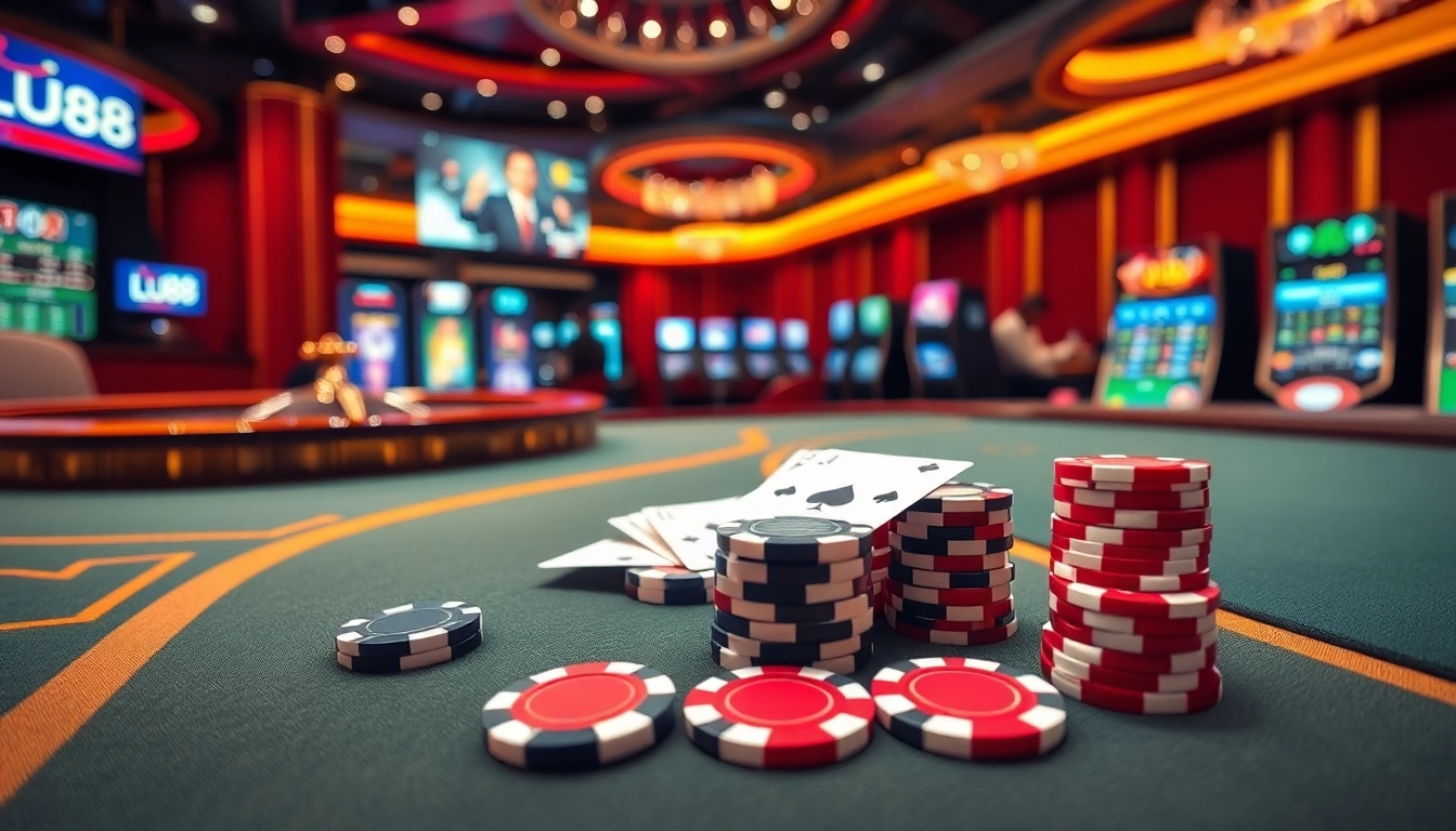 Engaging game scene at LU88 featuring poker chips and vibrant roulette wheel, showcasing thrilling gambling experience.