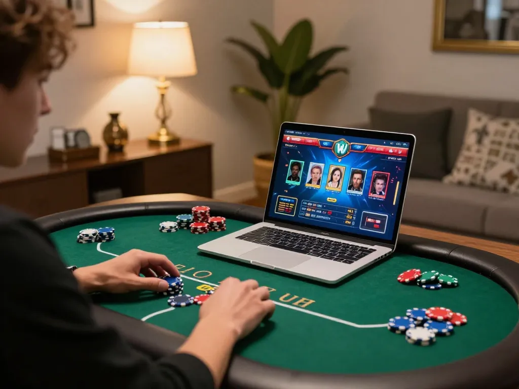 Kuwin player engaging in online poker with excited atmosphere at a stylish home setup