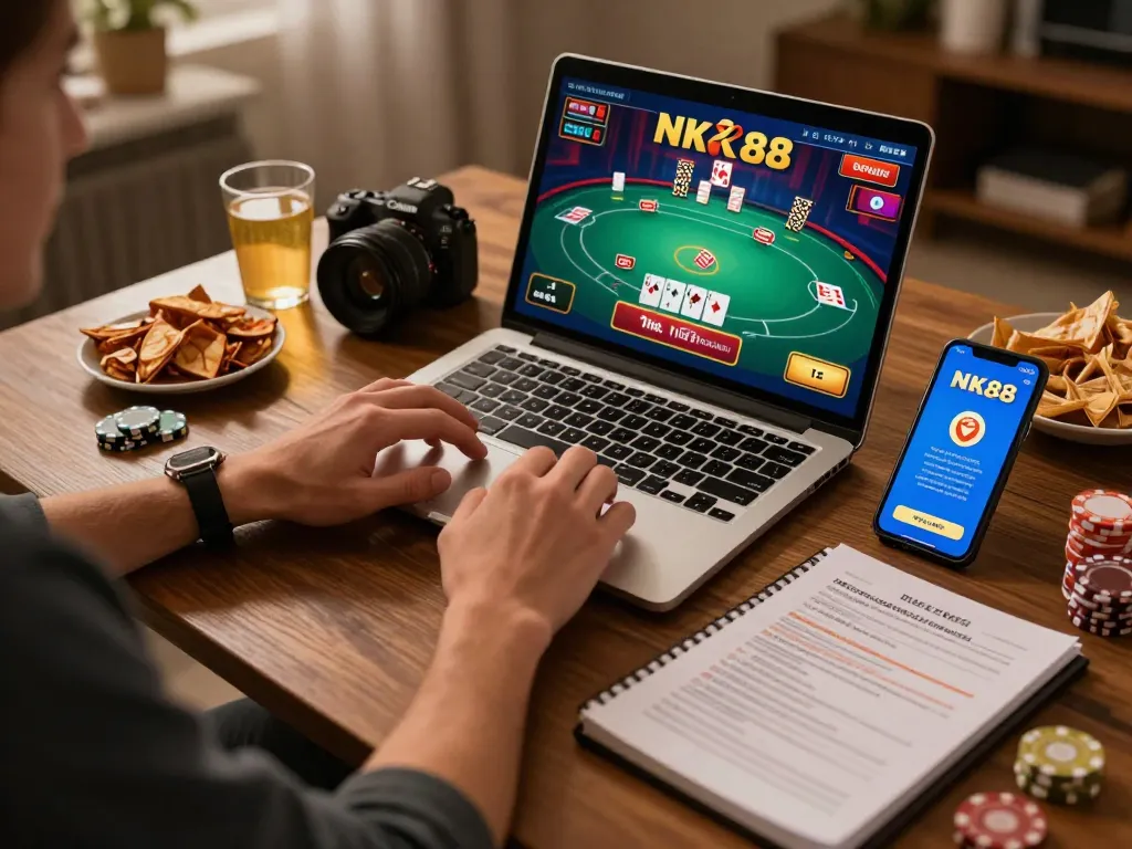 Experience NK88 gaming excitement during a strategic online poker session at home.