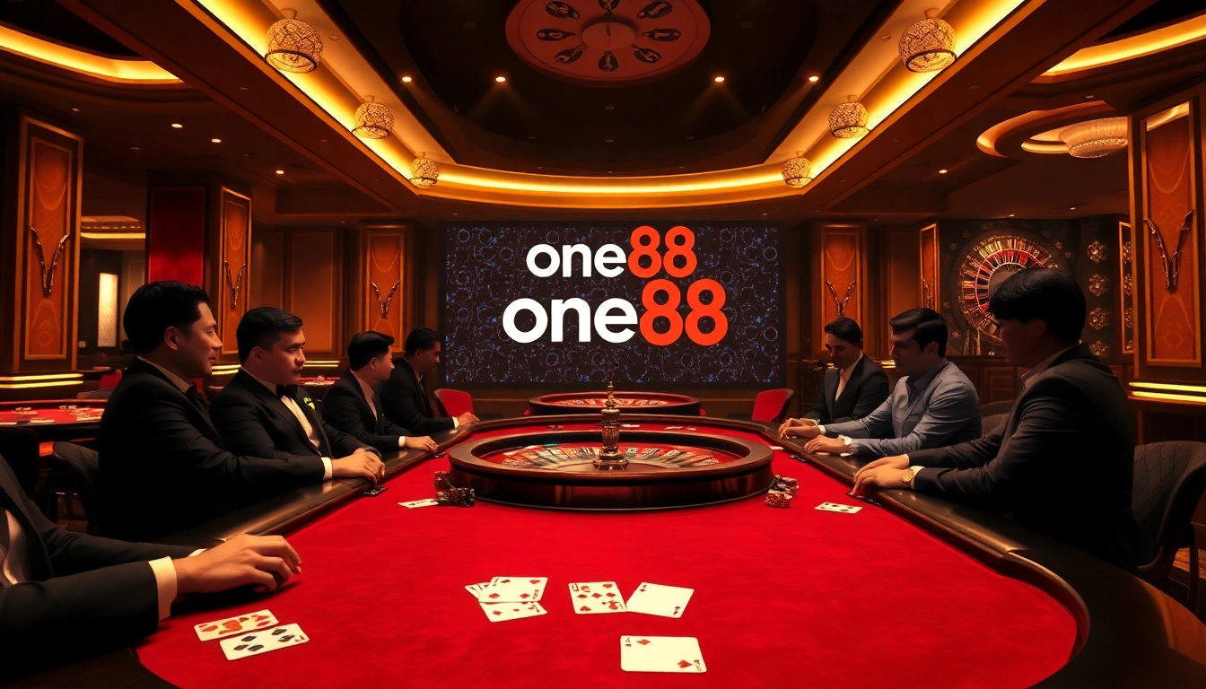 Experience the excitement of one88 at a high-stakes poker table in a luxurious casino setting.