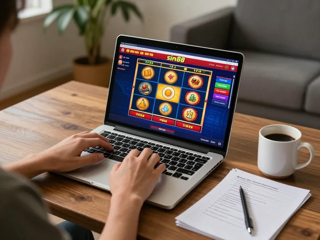 Engaging in sin88 online casino gameplay from a cozy home setting with strategy notes