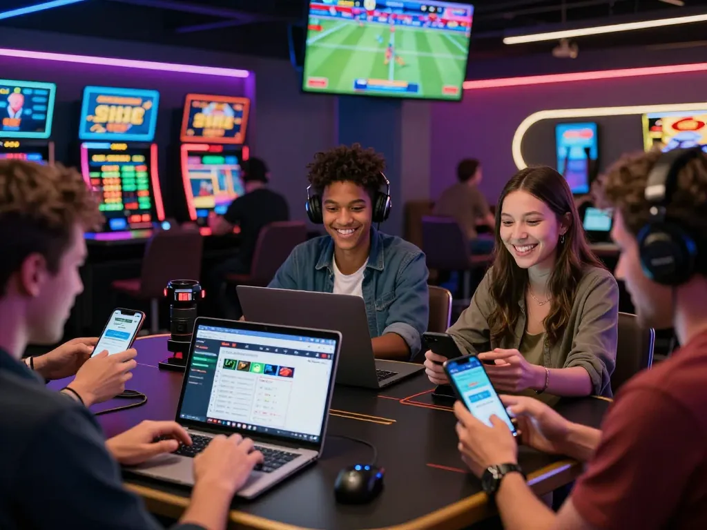 Players enjoying the thrilling Onbet app in a vibrant gaming lounge with live sports displays.