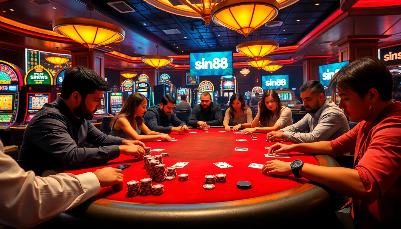 Experience high-stakes excitement at sin88 with diverse players gathered around a luxurious poker table.