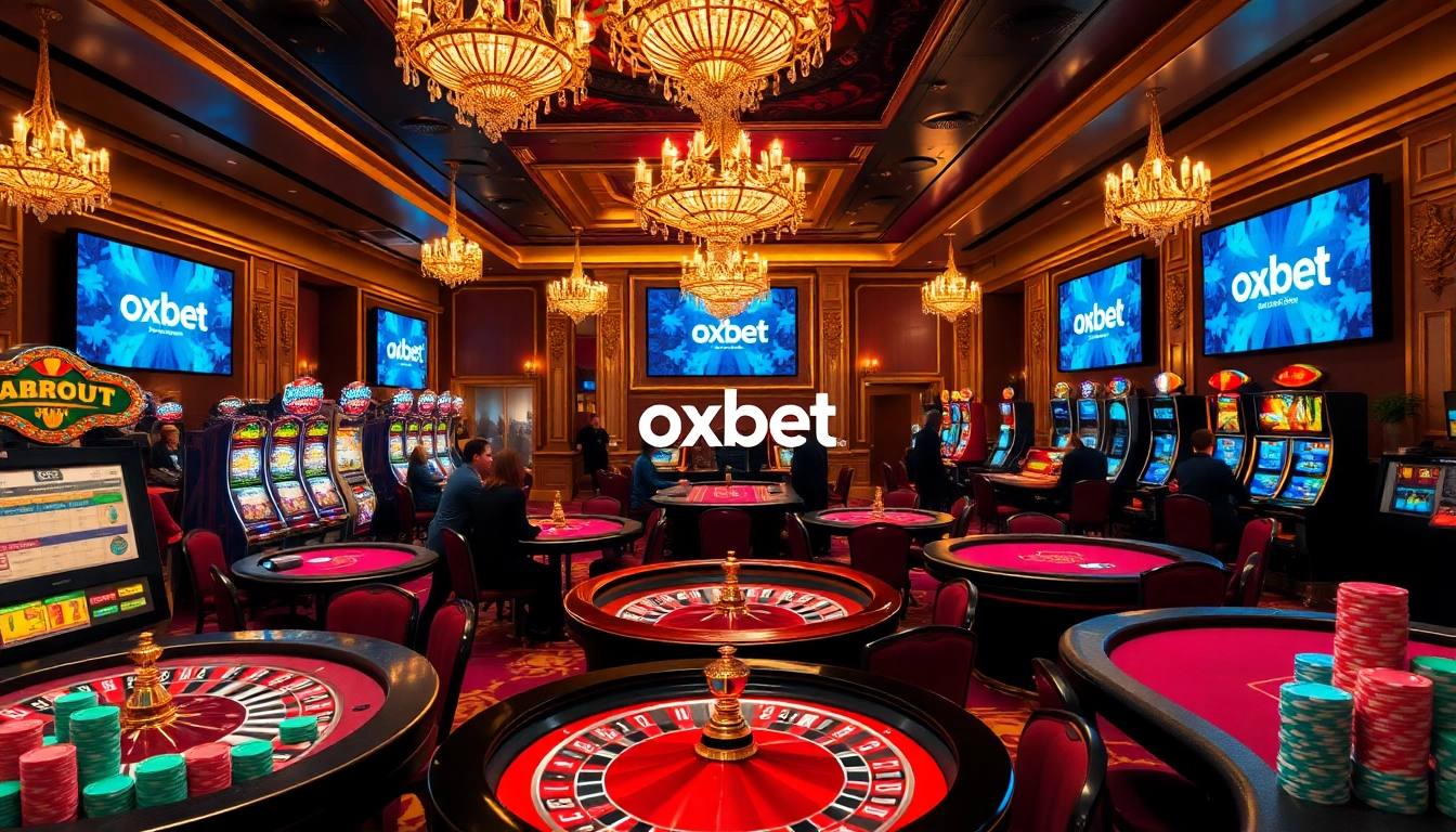 Players enjoying a thrilling moment at an oxbet casino, surrounded by poker chips and slot machines.