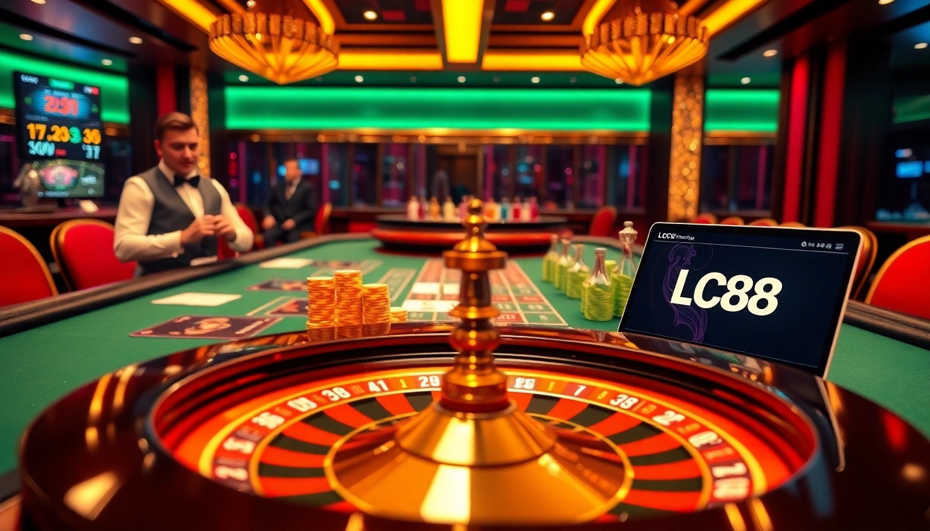 Experience the excitement of lc88vip with colorful poker chips and roulette wheel in a luxurious casino