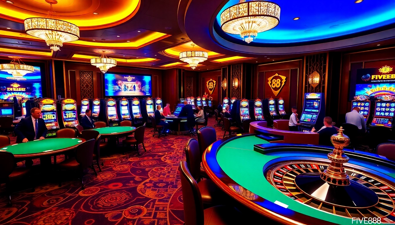 Engage with FIVE88's luxury casino experience featuring vibrant slot machines and poker tables.