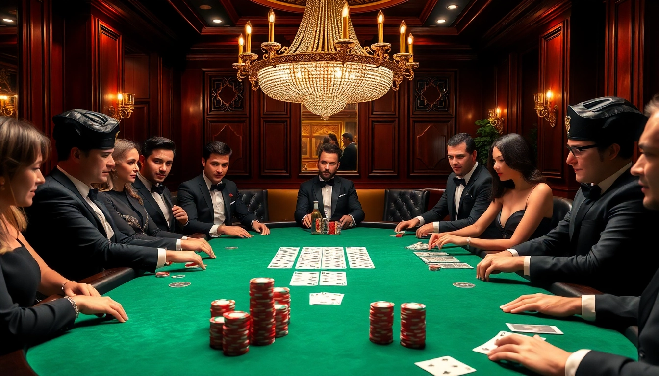 Action-packed poker game scene at https://uk88.business/ with elegant players and vibrant chips.