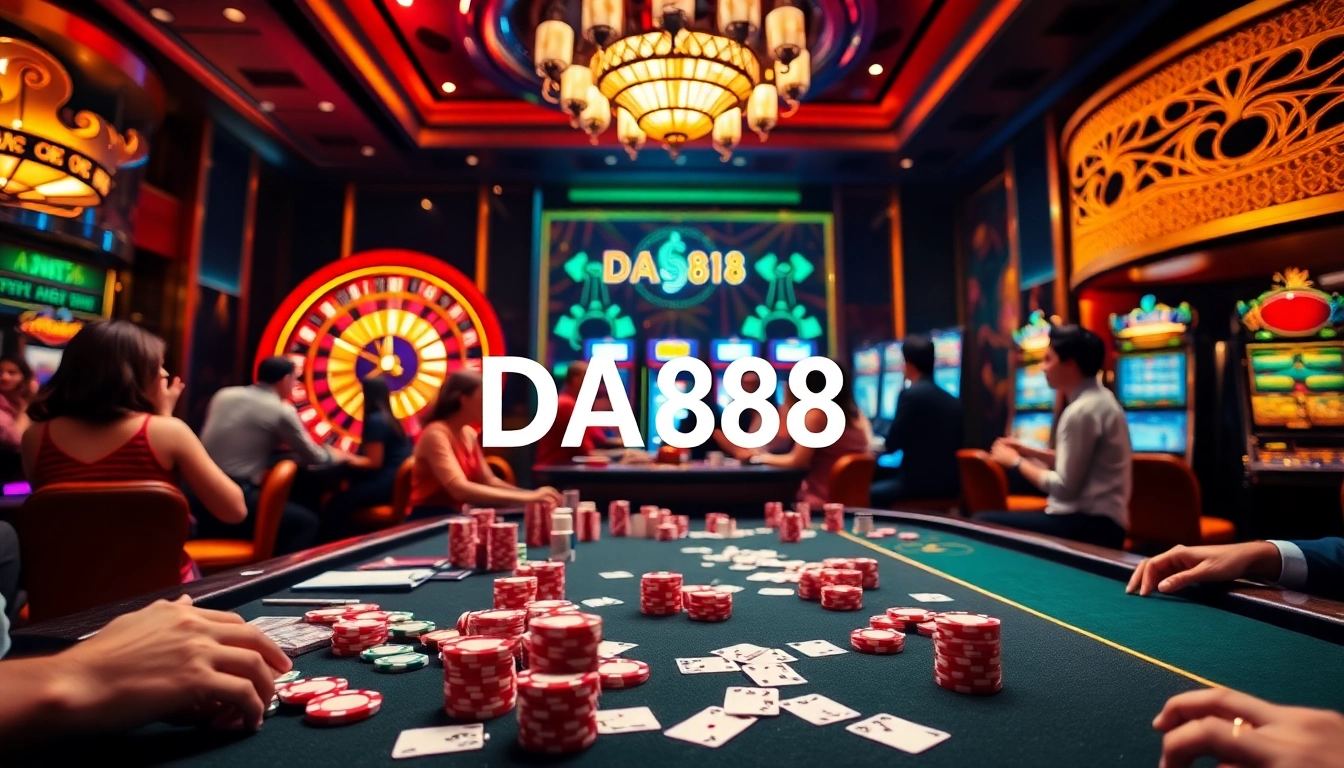 Experience the excitement of DA88 gaming at a lavish casino table filled with vibrant poker chips and cards.
