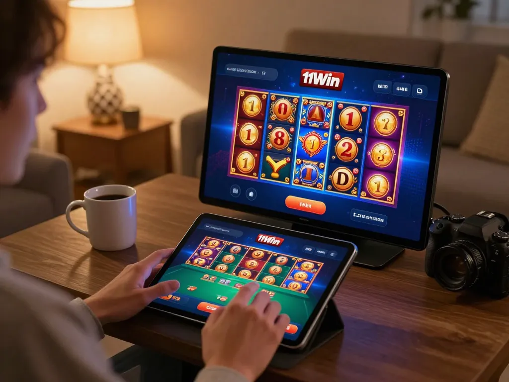 Playing online casino games on 11Win app in a cozy home setting.