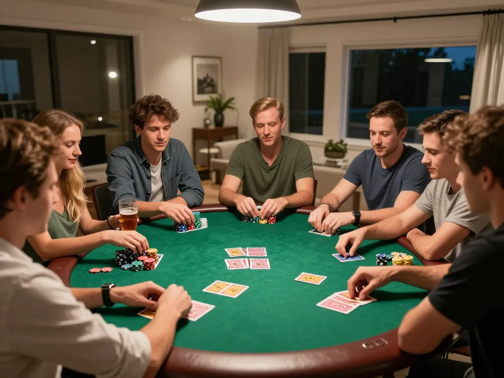 LODE88 players engaging in a lively home poker game session, showcasing chips and cards