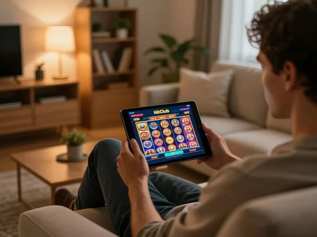 This person enjoys online gaming on Hitclub while analyzing strategies in a relaxed home environment.