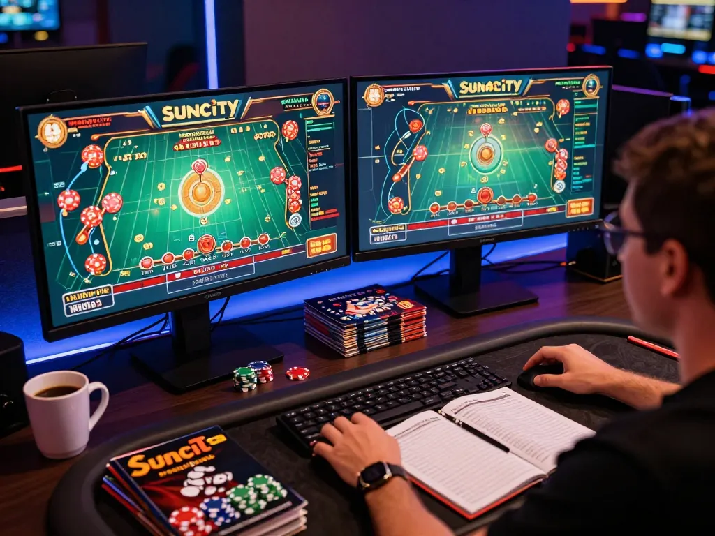 Suncity player engaged in a strategic online gaming session at home, highlighting responsible gambling.