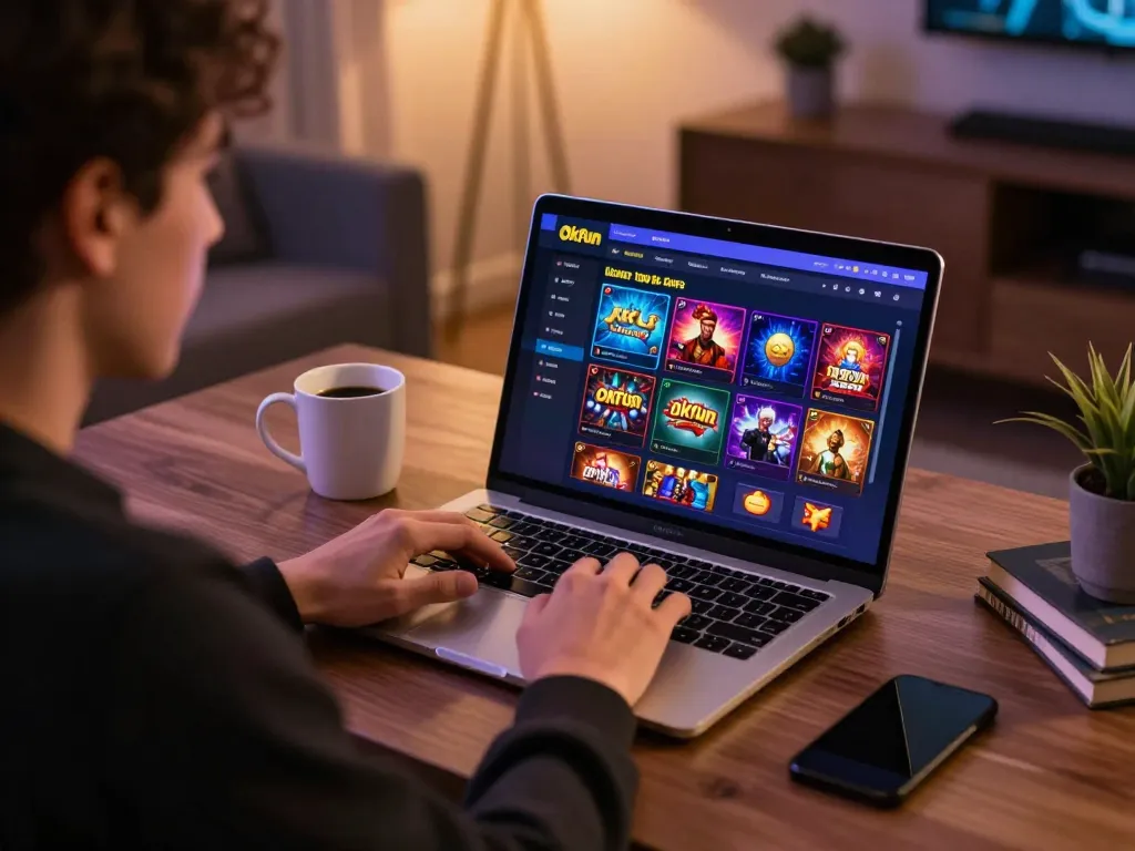 Engaged player using Okfun platform for online casino games at home, showcasing vibrant gaming interface.