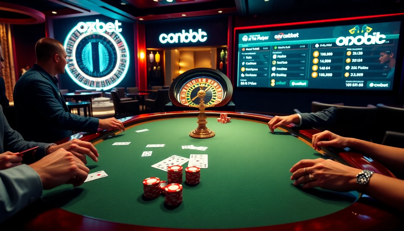 Players enjoying poker at oxbet's luxurious casino table with vibrant roulette in the background.