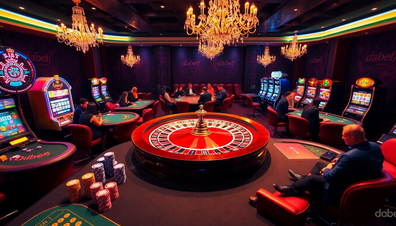 Players experience excitement at https://dabet.business/ with a vibrant casino roulette wheel and poker tables.
