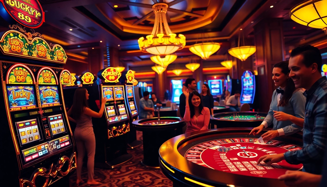 Players enjoying the excitement of Lucky 88 slot machines in a vibrant casino setting.