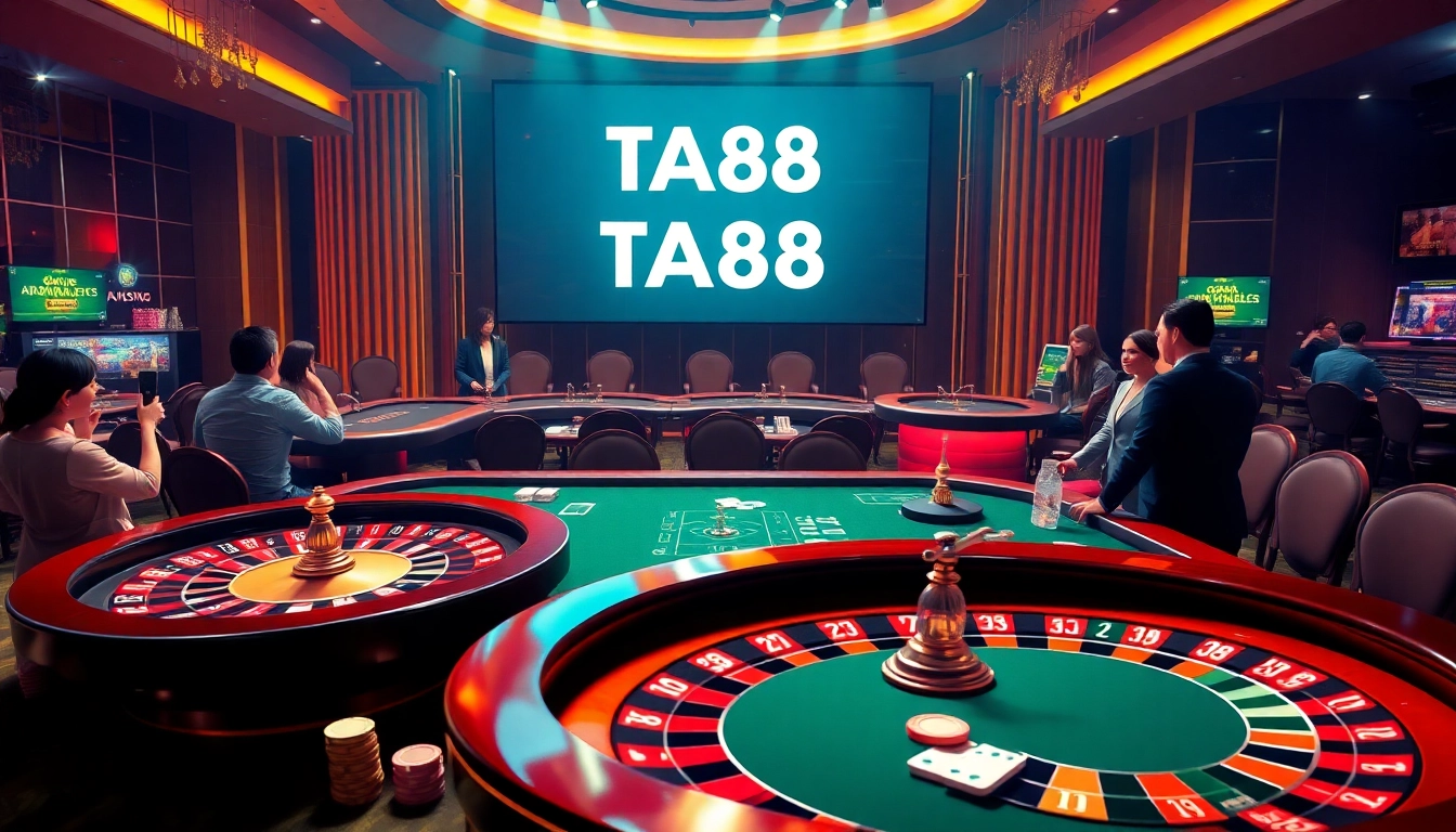 Players enjoying a thrilling poker game at TA88 casino, surrounded by vibrant casino elements.