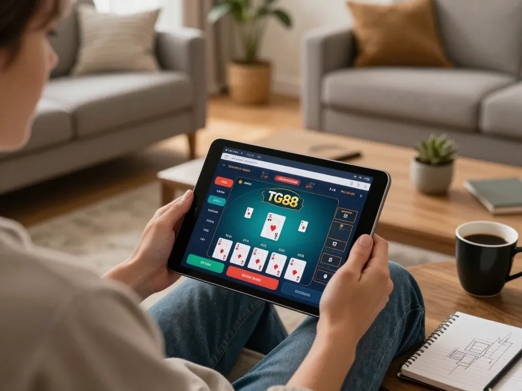 Engaging with tai tg88 app on a tablet from a cozy home setup, highlighting online gambling experience