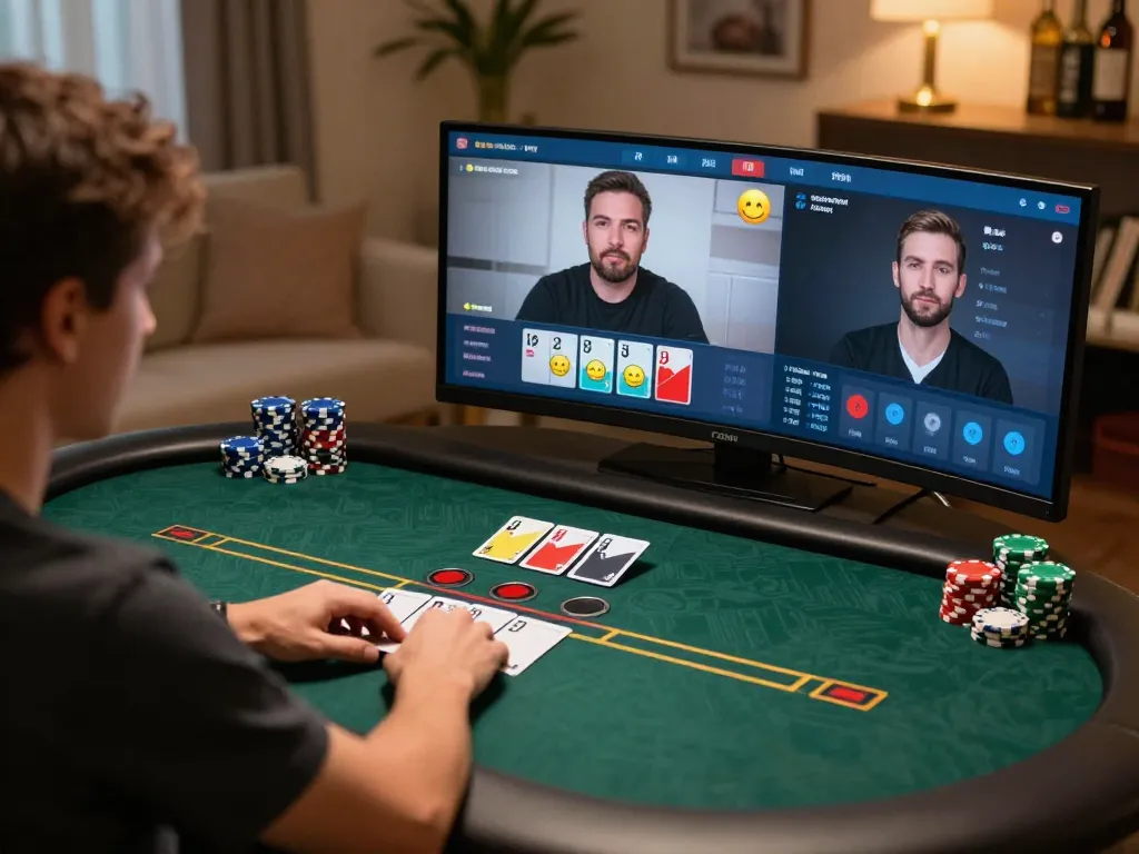 DA88 online players engaging in strategic poker gameplay at home with interactive avatars and cozy decor.