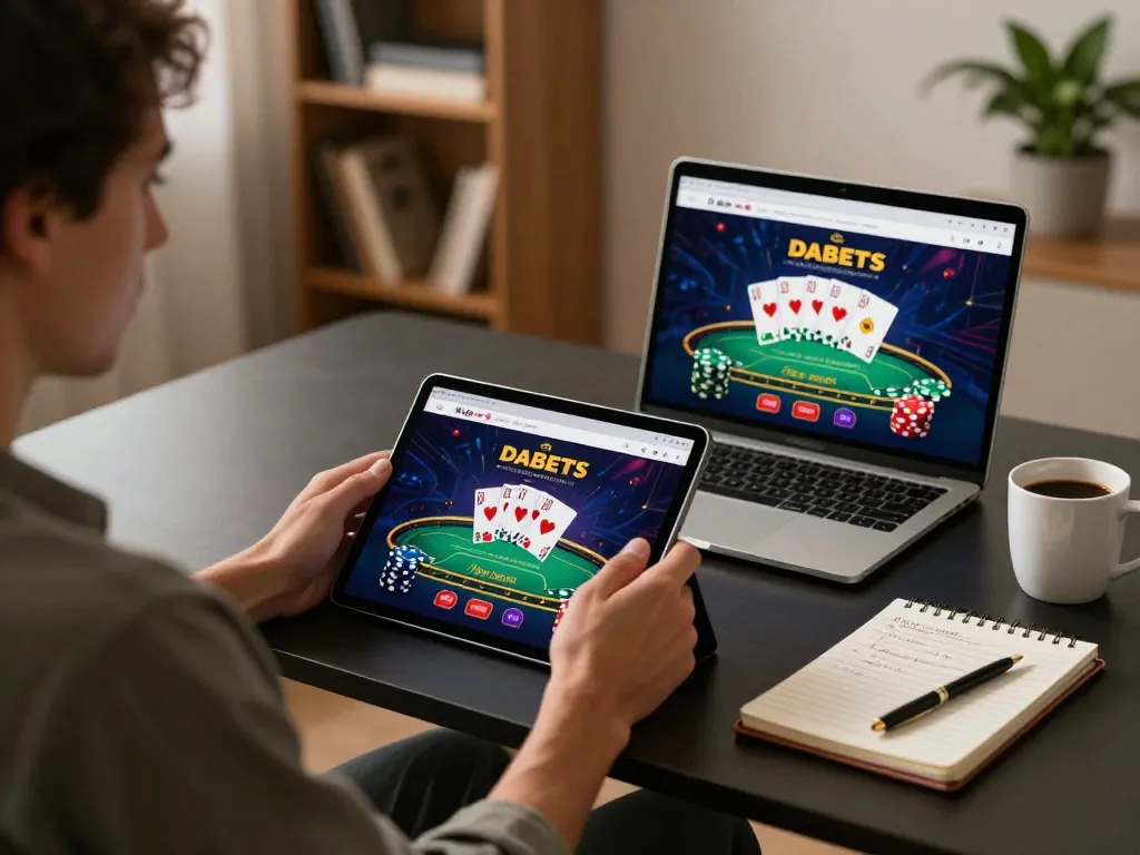 Dabet online gaming moment with player engaged in poker strategy, cozy home atmosphere.