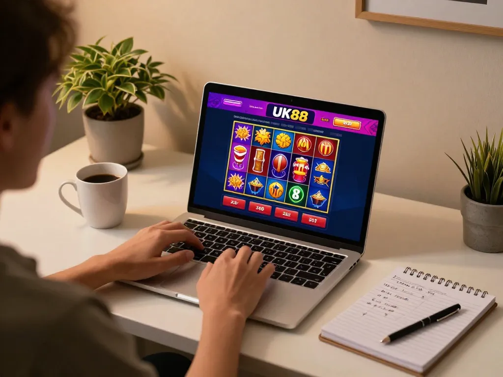 Person engaging with the UK88 online casino slots on a cozy home office desk