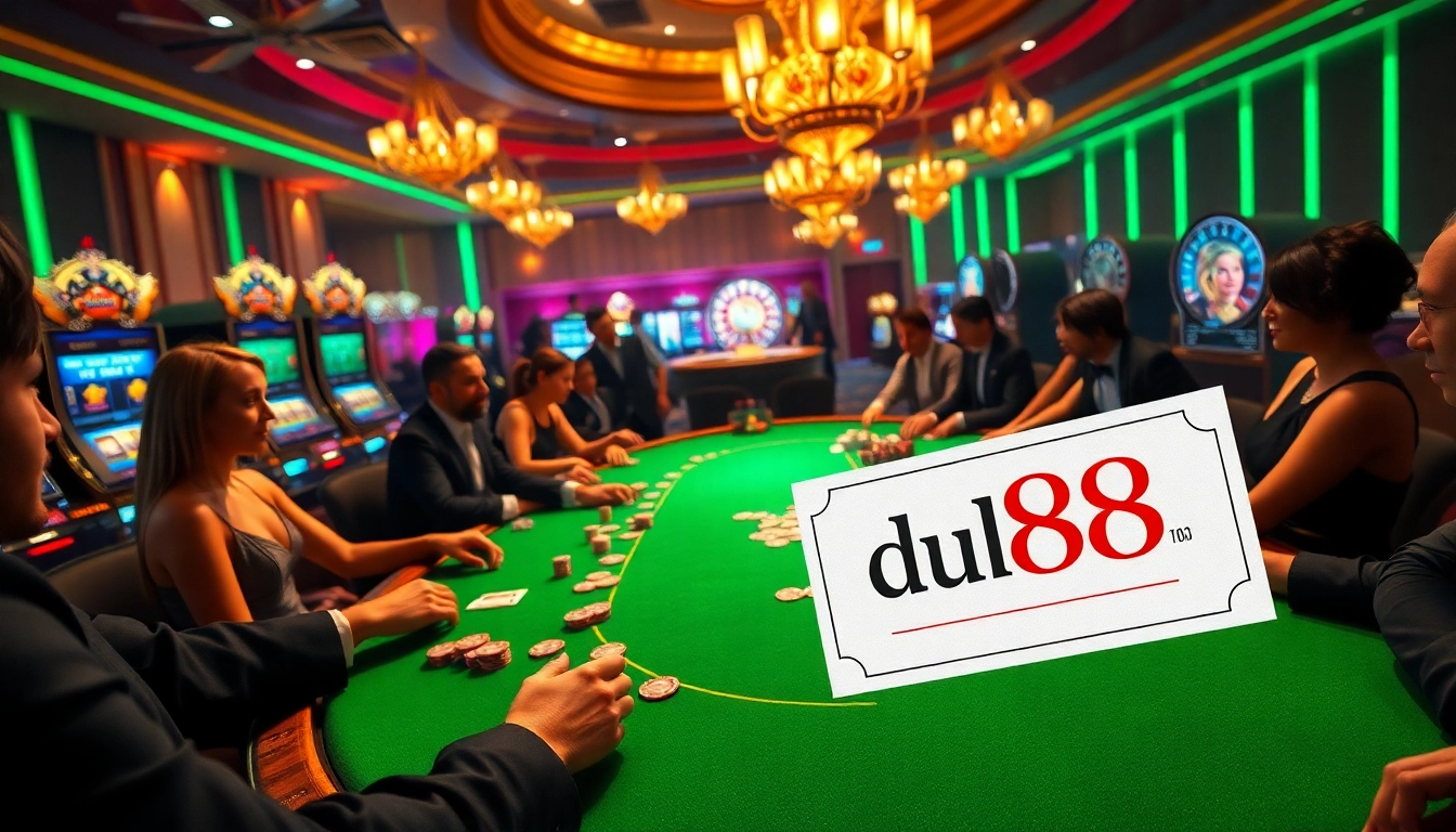 Engage with an exciting poker game featuring du88 betting slips, poker chips, and elegantly dressed players.