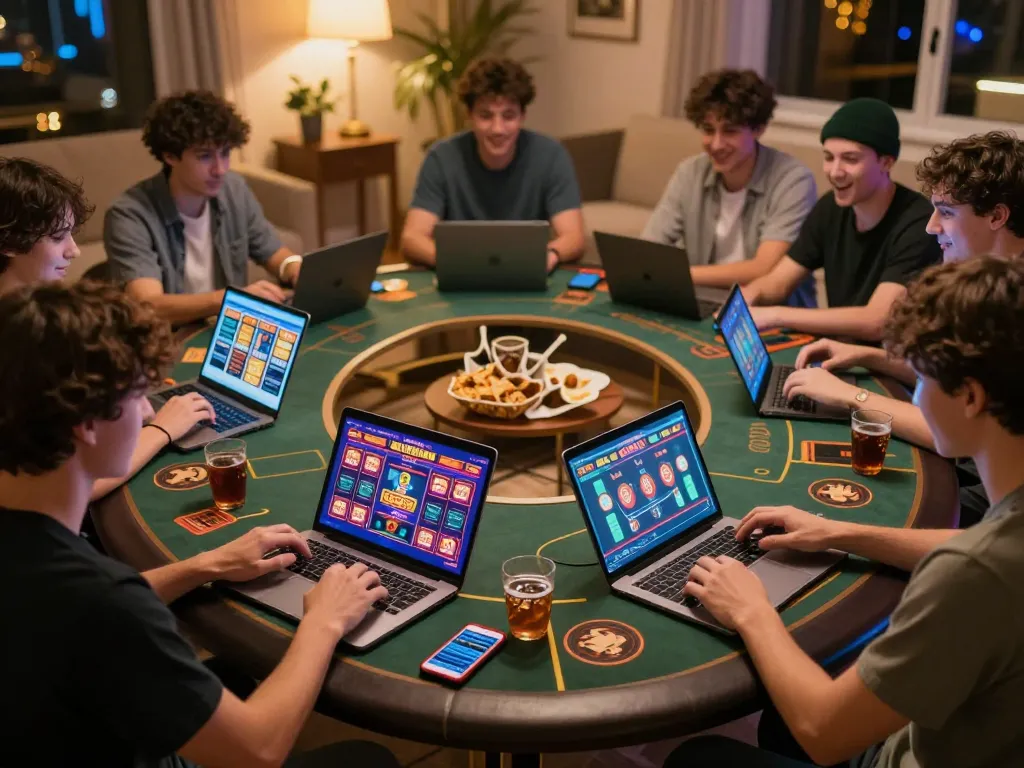 Players enjoying rusuntogel slots on their laptops at home, celebrating wins with friends.