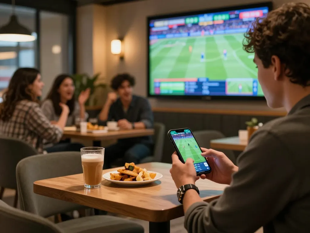 Exciting moment of placing bets on VIC88 during live sports event at a modern café.
