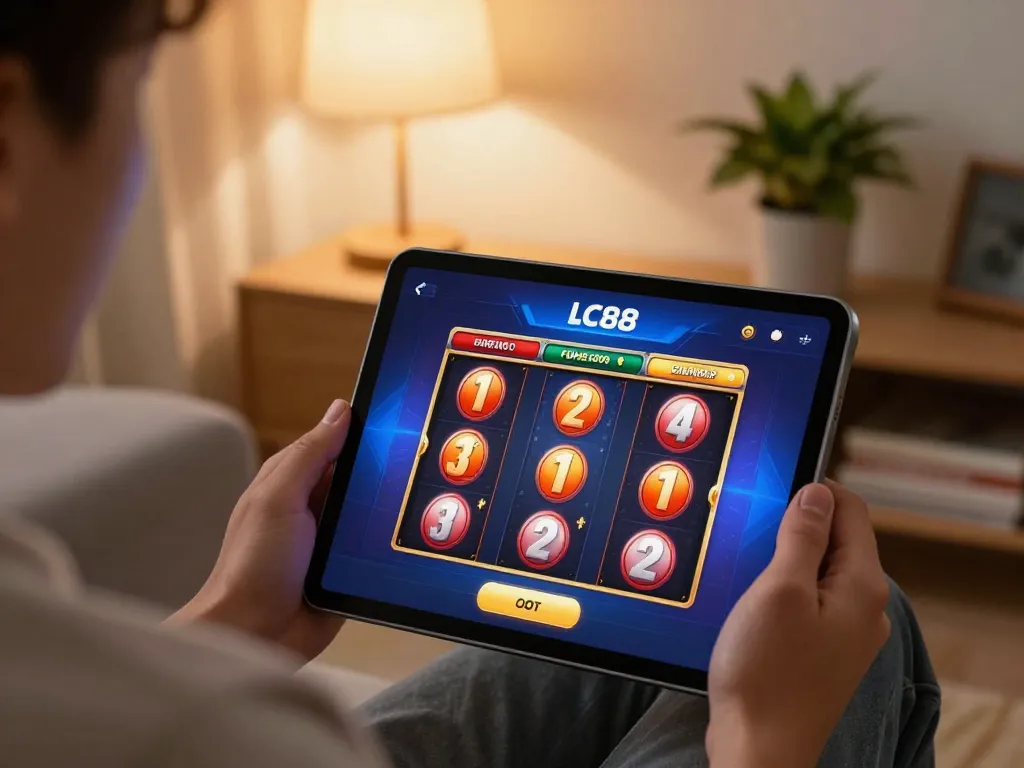Player enjoying LC88 casino app on tablet, engaging with vibrant slot game in cozy living room.