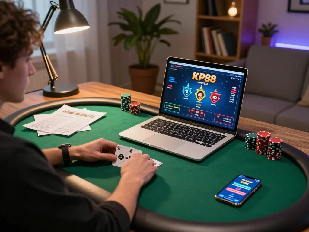 Player engaging with KP88 online poker app amidst cozy home setup, focusing on strategic gameplay.